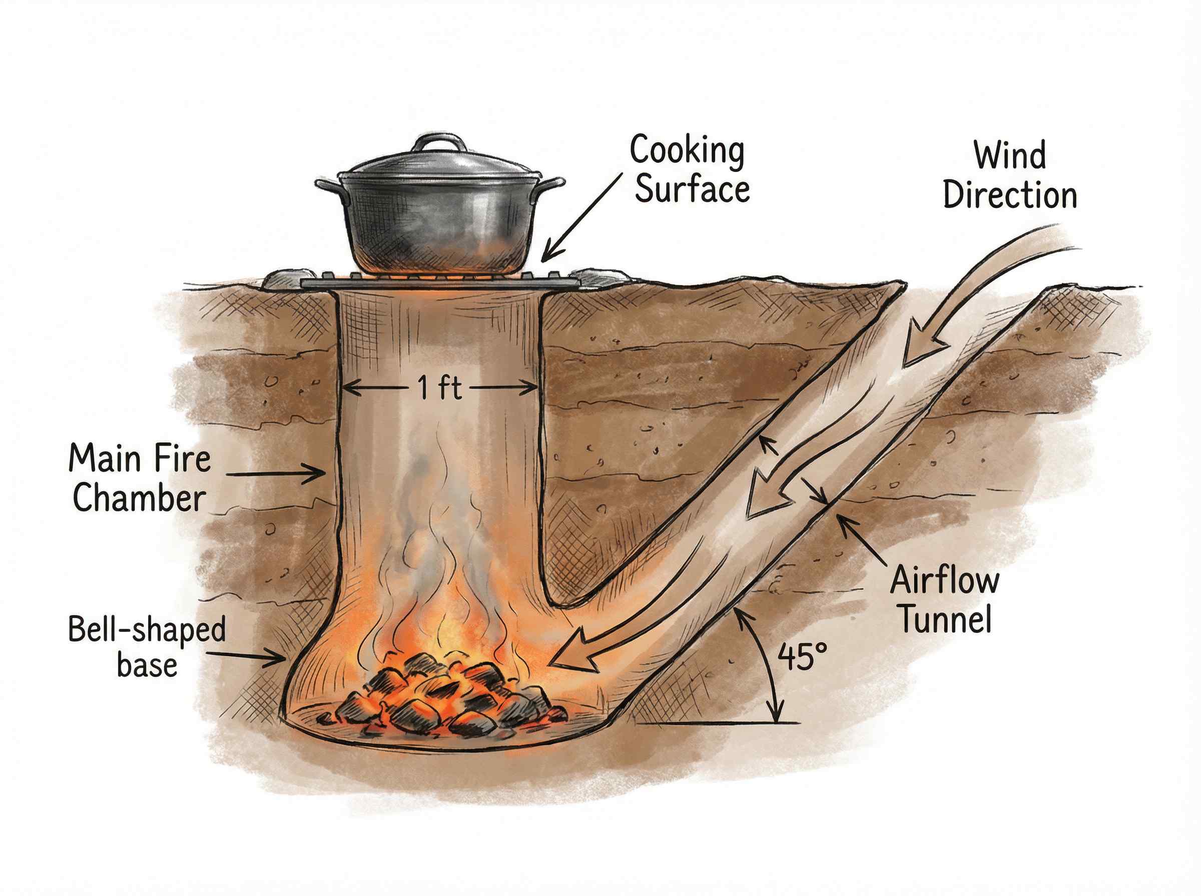 Cross-section diagram of a Dakota Fire Hole showing main fire chamber and airflow tunnel