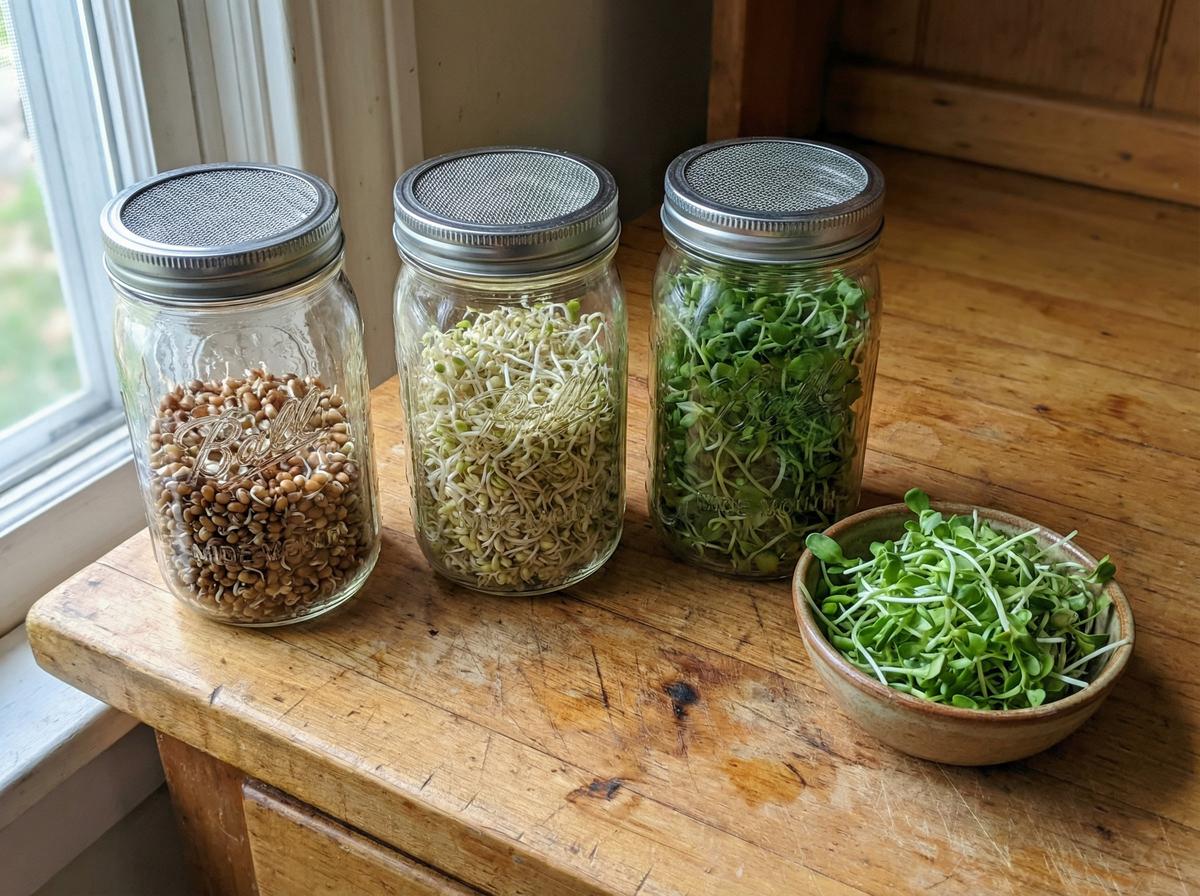 Three Mason jars showing different stages of home sprouting — seeds, white sprouts, and green leafy sprouts