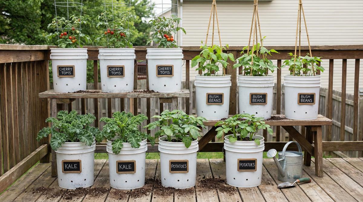Modern container garden setup with labeled 5-gallon buckets on a patio