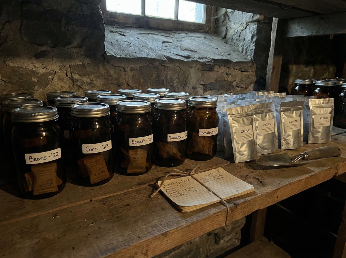 Organized seed storage system in a root cellar — amber jars and Mylar bags labeled by crop and year