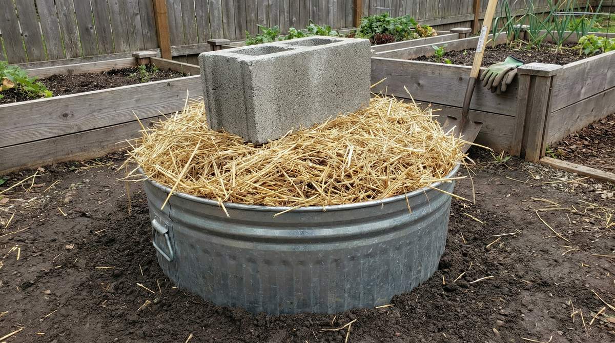 Subterranean cold box — galvanized can buried in garden with straw insulation and cinder block