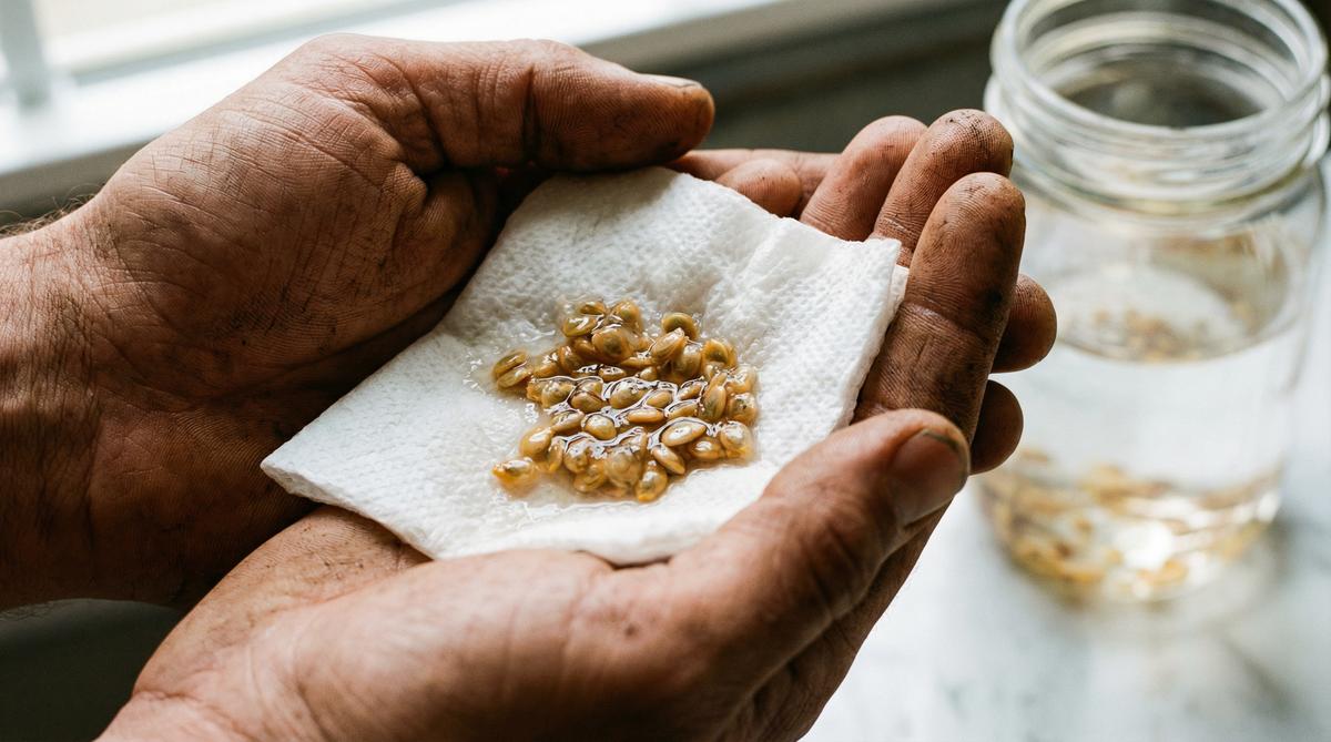 Hands holding heirloom tomato seeds on a paper towel for fermentation