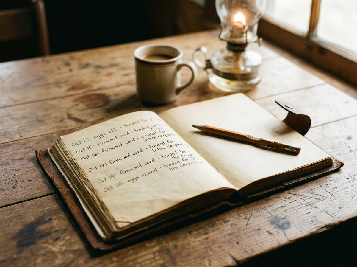 A handwritten barter ledger tracking local trades — the practical, low-tech foundation of a resilient local economy