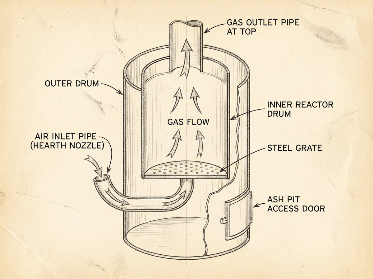 Cutaway diagram of a simple charcoal gasifier showing inner and outer drums, grate, air inlet and gas outlet