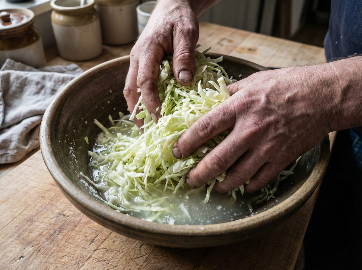 Hands massaging salted shredded cabbage in a bowl to extract natural brine