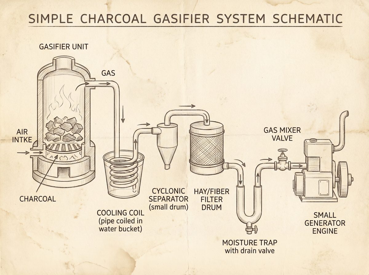 Schematic showing charcoal gasifier connected to a small generator with cooling coil, cyclonic separator, filter drum and moisture trap