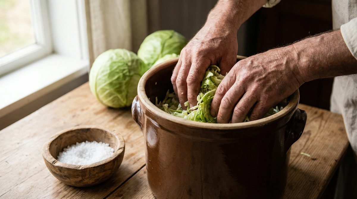 Layering salt and cabbage in a ceramic fermentation crock for sauerkraut