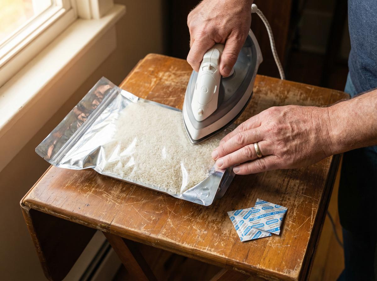 Sealing a mylar bag of rice with a household iron for long-term food preservation