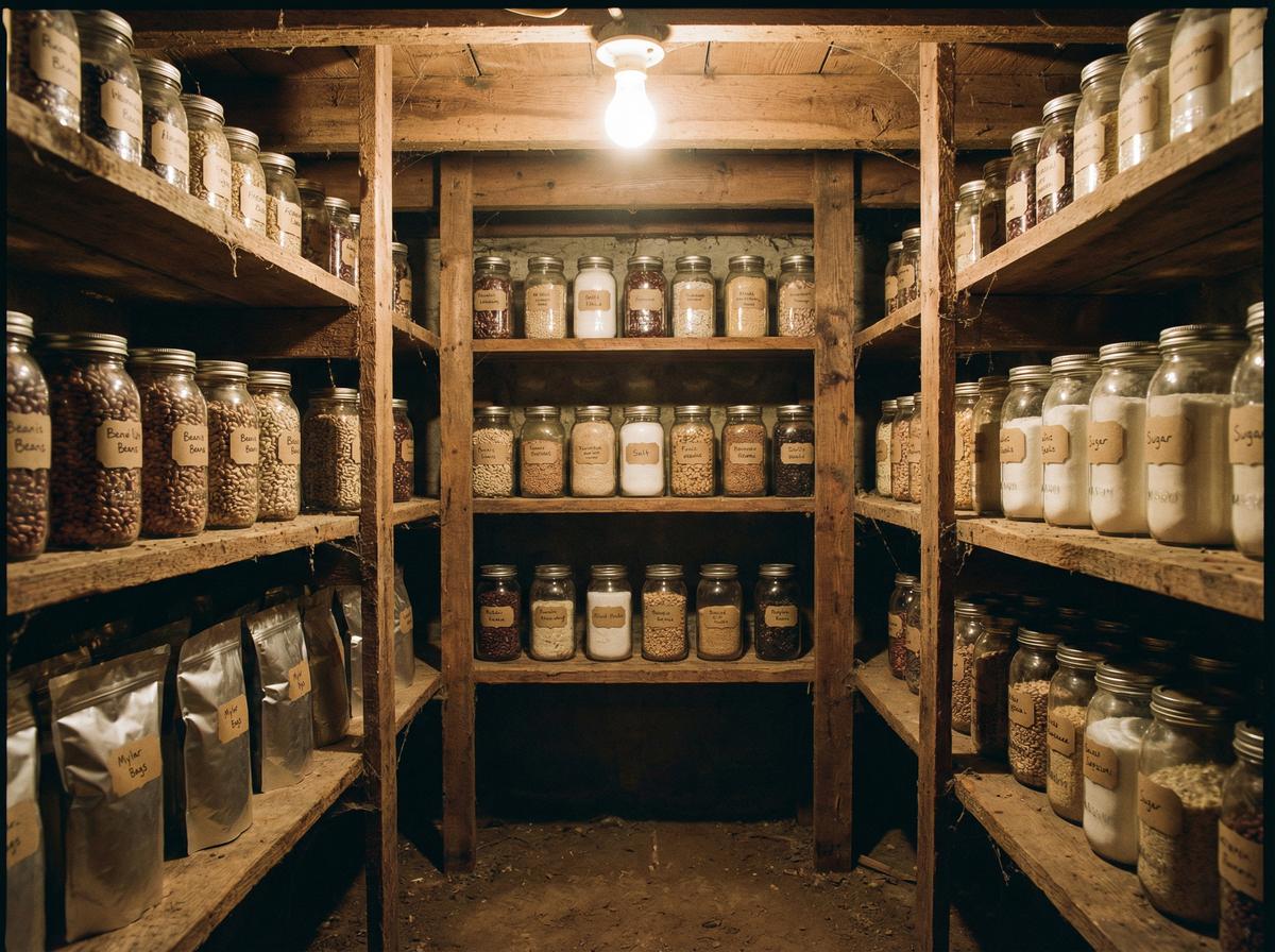 A well-organized tangible currency pantry with mason jars, salt, sugar, and sealed grains