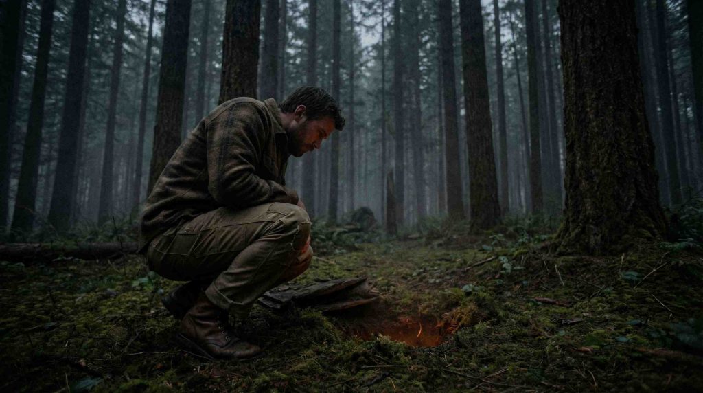 A lone survivalist tending a hidden Dakota Fire Hole in a dense forest at dusk