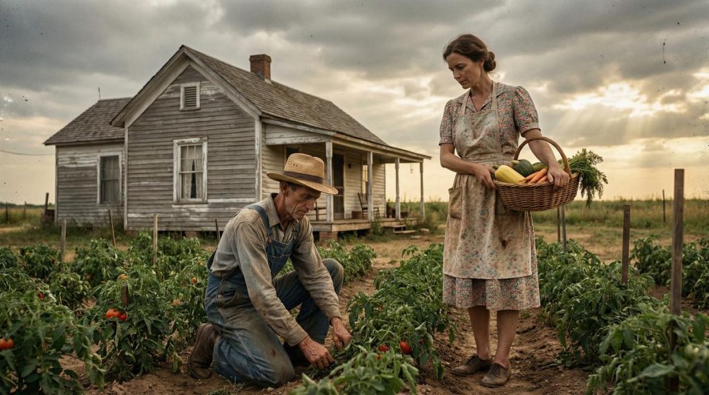 Depression-era homestead family tending their garden during economic collapse