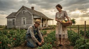 Depression-era homestead family tending their garden during economic collapse
