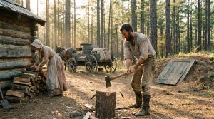 Pioneer family chopping firewood near a log cabin — frontier energy independence