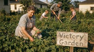 1940s American family harvesting vegetables in a WWII Victory Garden