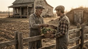 Two Depression-era farmers bartering vegetables at a wooden fence — the original local economy