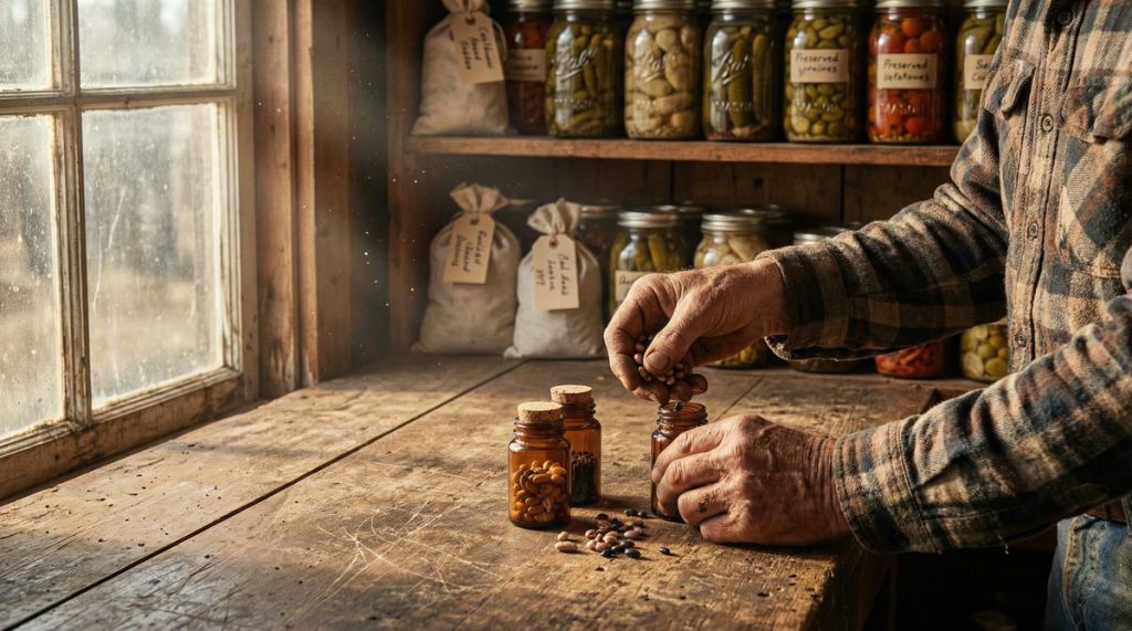 Homesteader hands sorting heirloom seeds into amber glass jars — building a perpetual seed bank