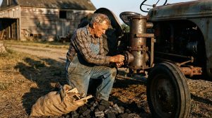 1940s farmer retrofitting a tractor with a wood gasifier during WWII fuel shortage