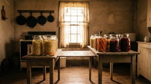 1930s Depression-era farmhouse kitchen with mason jars of fermenting vegetables