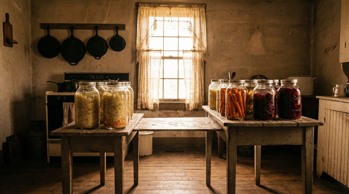 1930s Depression-era farmhouse kitchen with mason jars of fermenting vegetables