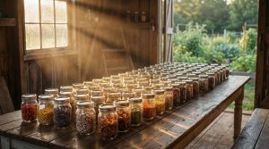 Mason jars filled with heirloom seeds on a farmhouse table