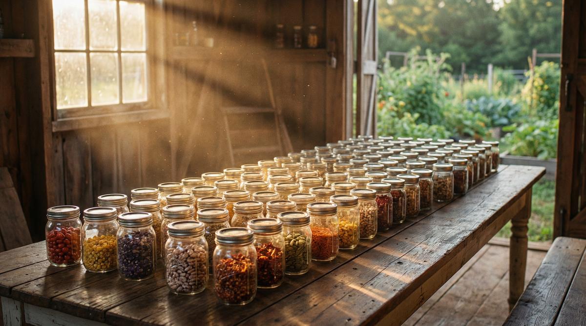 Mason jars filled with heirloom seeds on a farmhouse table
