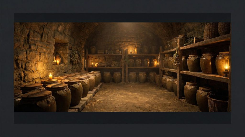 Ancient stone root cellar with rows of ceramic fermentation crocks lit by candlelight