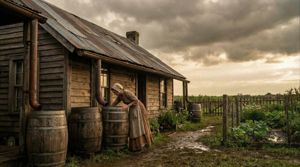 Frontier homestead woman checking rain barrel water catchment system