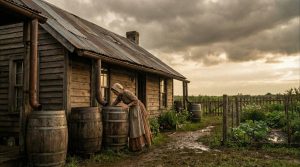 Frontier homestead woman checking rain barrel water catchment system
