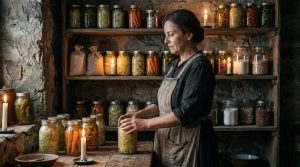 A 1920s German woman organizing her tangible currency pantry during the Weimar hyperinflation