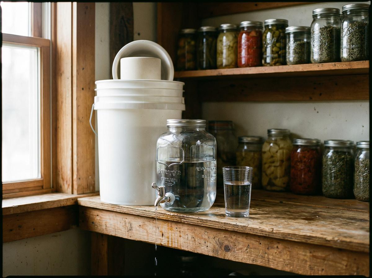 DIY gravity-fed water filtration setup in a homestead kitchen
