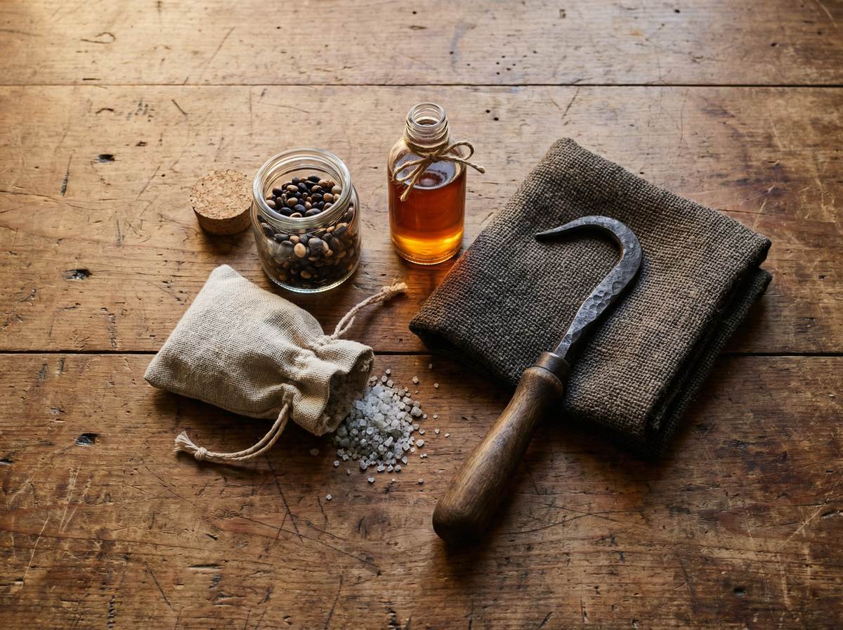 Shadow currency barter items: heirloom seeds, salt, alcohol, and a hand-forged tool on a wooden table