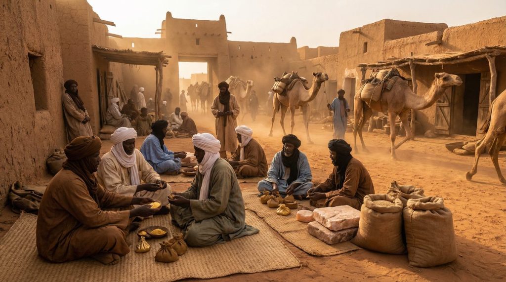 Songhai Empire marketplace in Gao — traders exchanging gold, salt, and grain