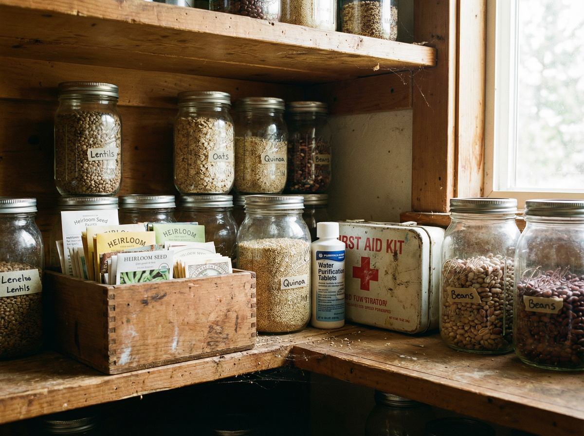 Homestead preparedness pantry with heirloom seeds, bulk grains, and first aid supplies