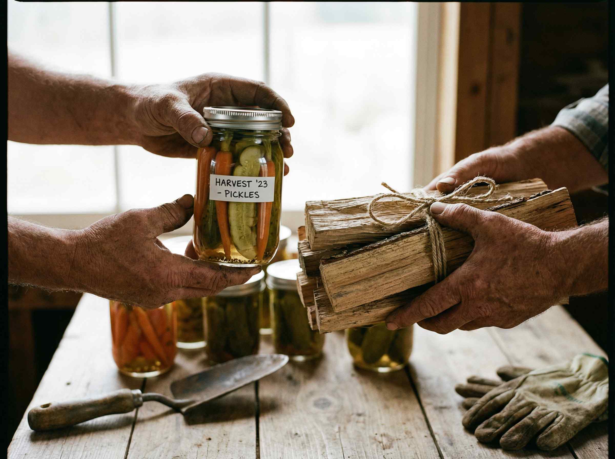 Two pairs of hands exchanging preserved vegetables for firewood — barter trade