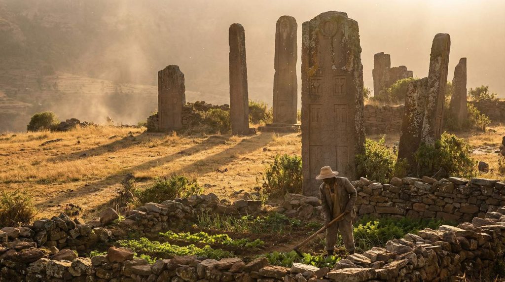 Ancient Aksumite stone stelae with a farmer tending a terraced garden at golden hour