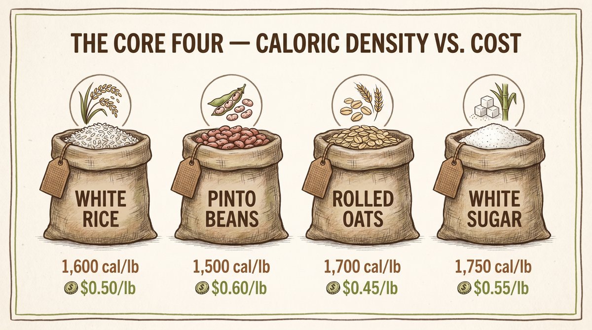 The Core Four survival staples — caloric density vs. cost comparison chart