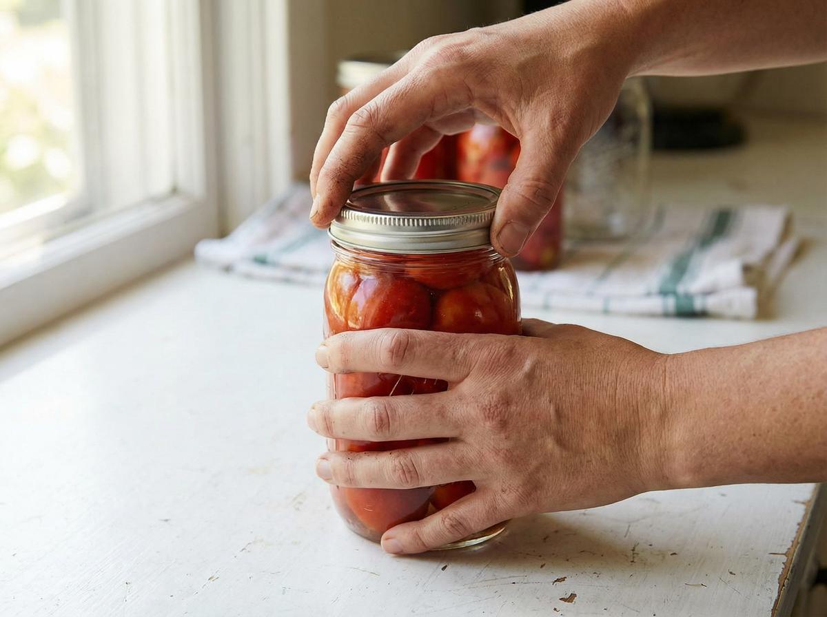 Hands demonstrating the fingertip-tight method for securing a Mason jar canning band
