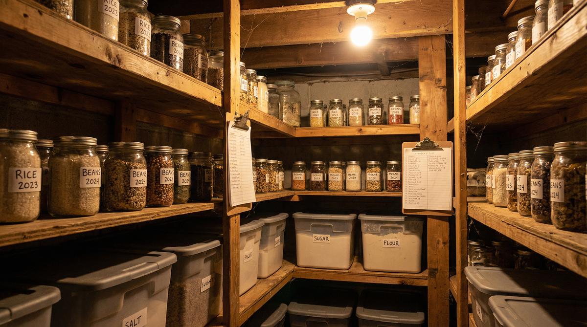 Organized basement food storage pantry with labeled mason jars and bulk dry goods rotation system