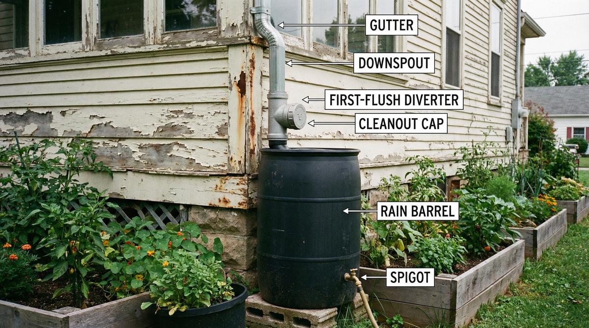 DIY rainwater catchment system with first-flush diverter and 55-gallon rain barrel beside vegetable garden