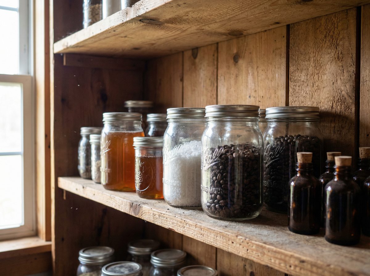 Rustic pantry shelf with mason jars of honey, salt, coffee beans, and amber bottles — barter pantry essentials