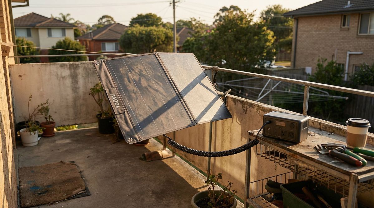 Portable solar panel on suburban balcony connected to power bank — practical off-grid energy independence