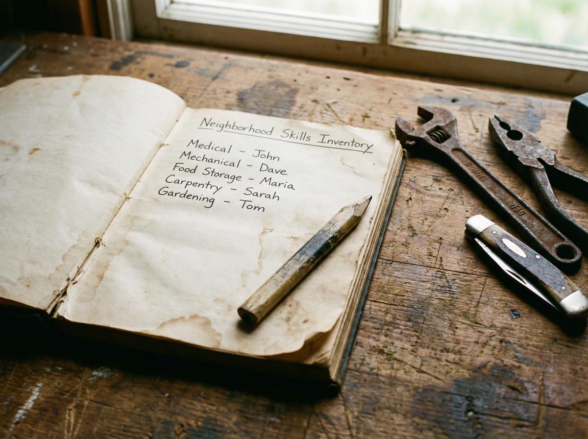 Handwritten Neighborhood Skills Inventory notebook on a workbench with tools