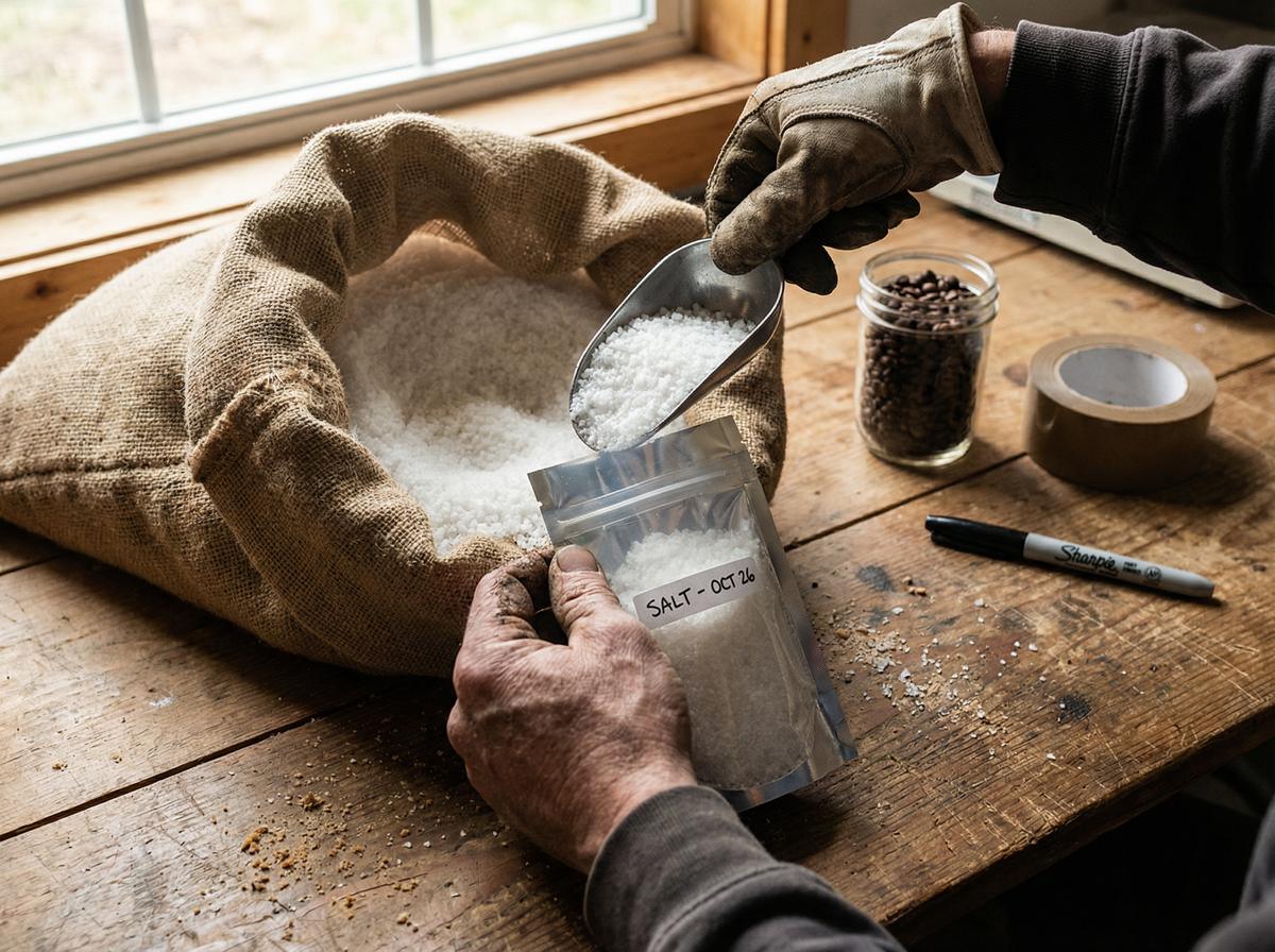 Hands portioning bulk salt into a labeled Mylar bag on a wooden table with coffee jar and Sharpie nearby
