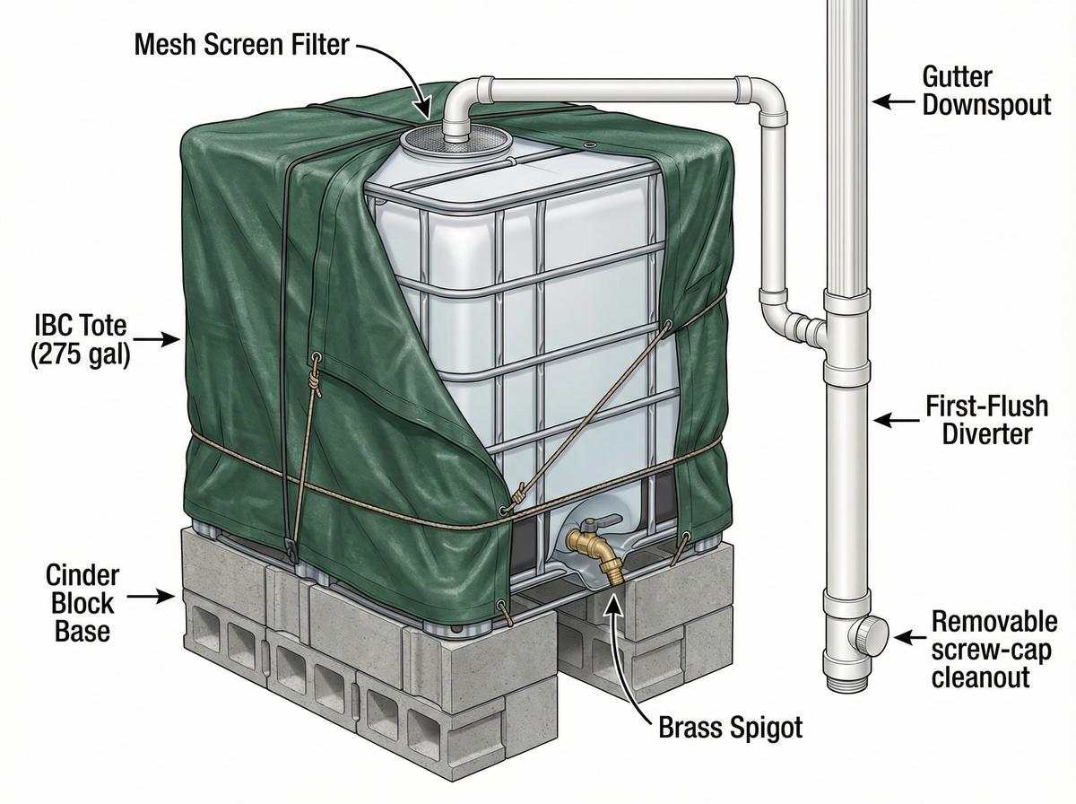 Diagram showing a 275-gallon IBC tote connected to a gutter downspout with a first-flush diverter, mesh screen, and brass spigot on cinder blocks
