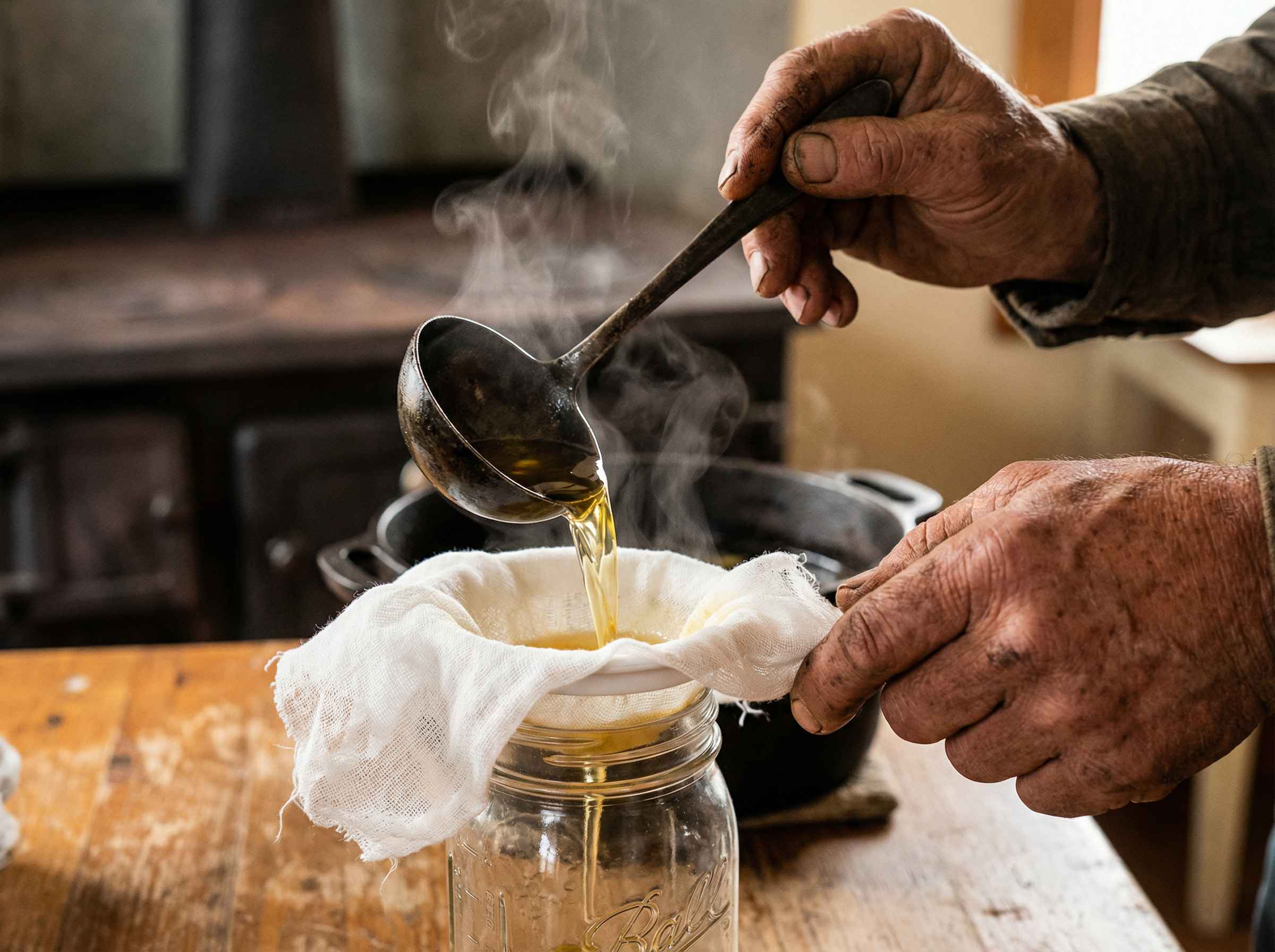 Weathered hands pouring hot rendered tallow through cheesecloth into a Mason jar, steam rising, cast iron pot in background.