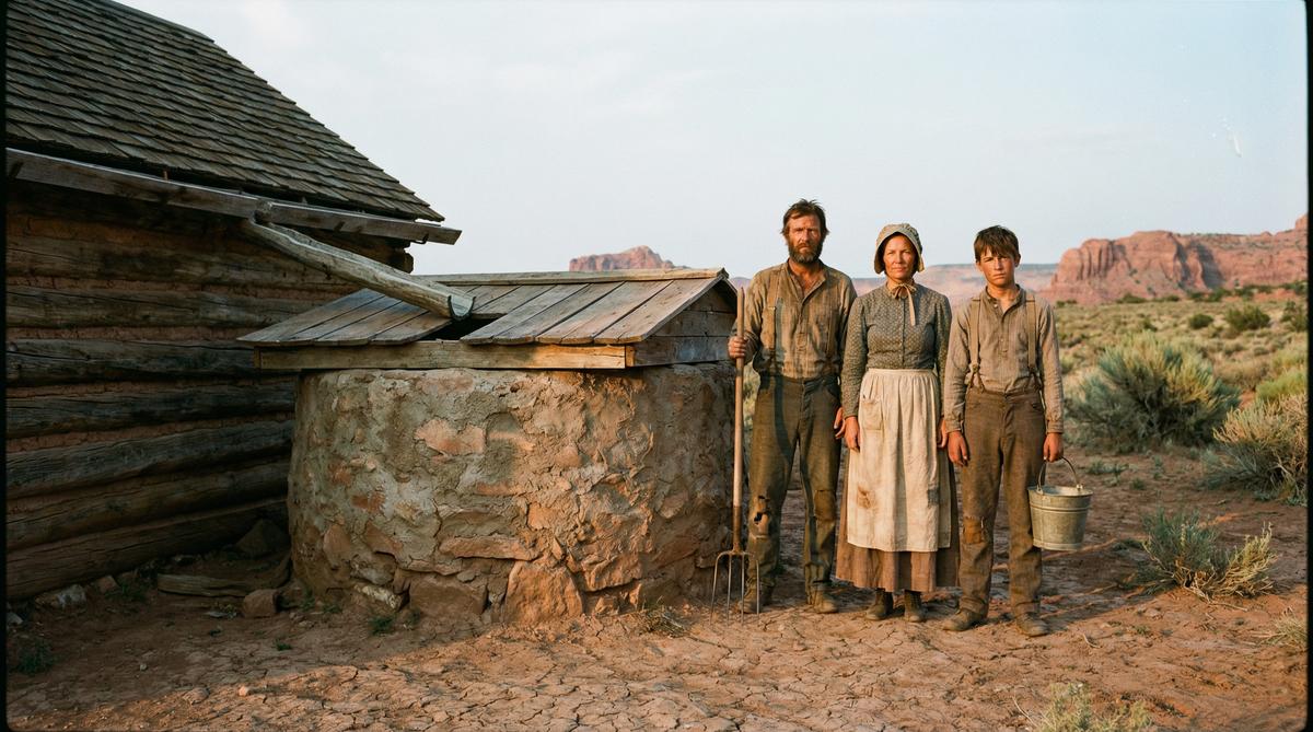 Frontier family standing beside a stone cistern in the arid American West