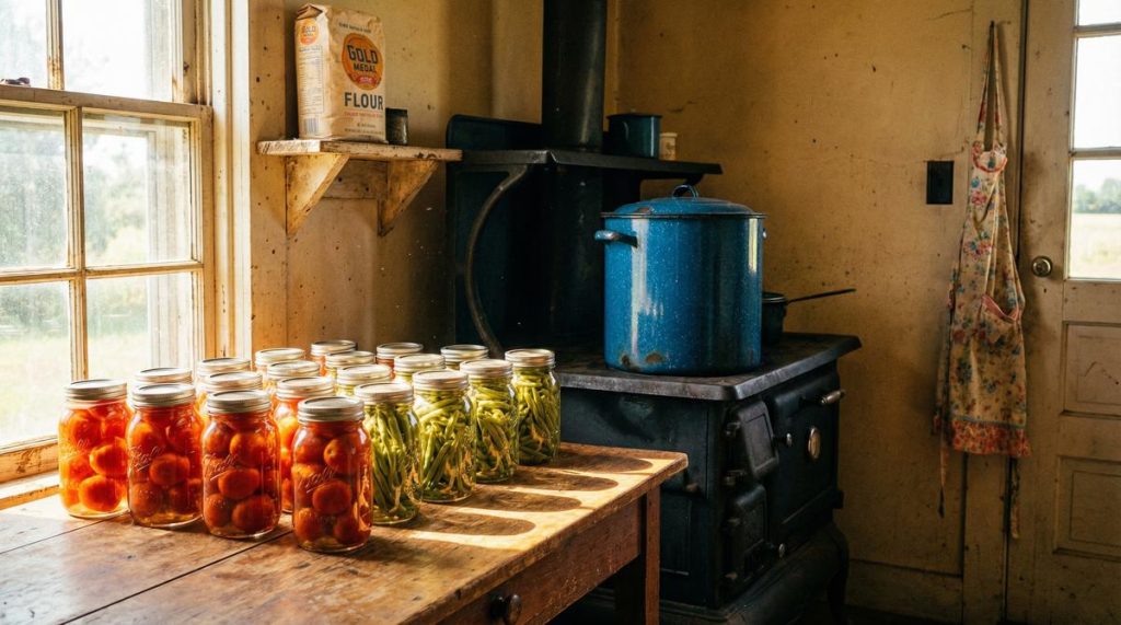 1930s farmhouse kitchen with rows of Mason jars filled with preserved tomatoes and green beans, enamel canner on cast iron stove — the Victory Pantry