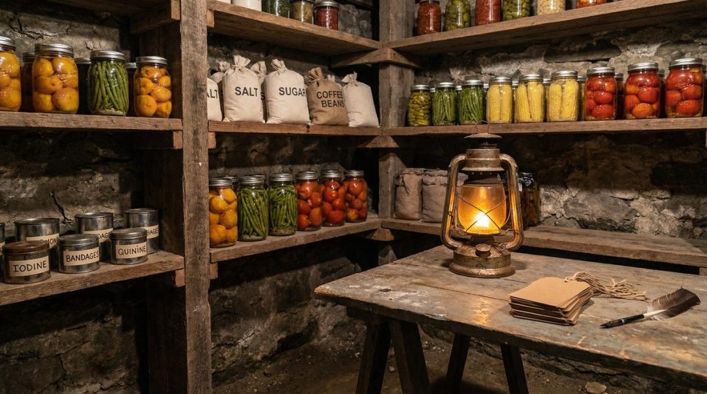 A well-stocked homestead barter pantry with mason jars, salt, sugar, and medical supplies by lantern light