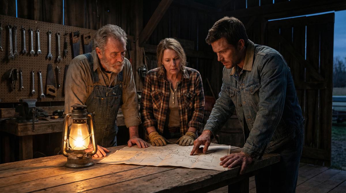 Three neighbors planning a Mutual Assistance Group around a lantern-lit workbench