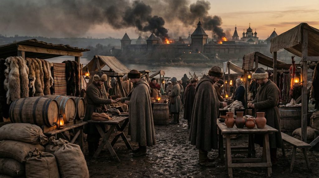 Medieval Novgorod merchant market with burning city in background — local resilience vs central collapse